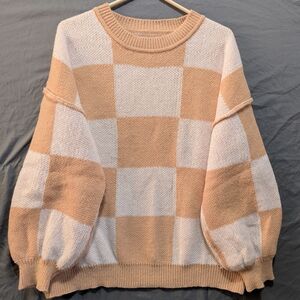 Checkered Bell Sleeve Beige and White Women's Sweater